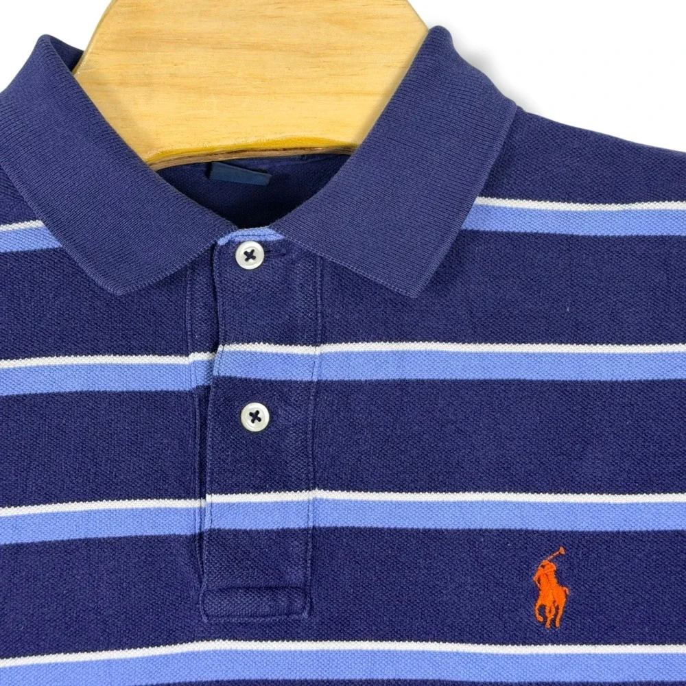 Polo Ralph Lauren Polo Shirt Men M Blue Striped Cotton Short Sleeve Pony Golf